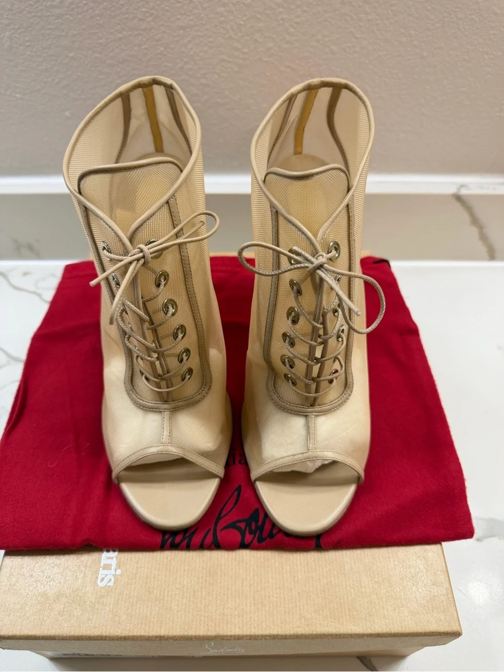 Christian Louboutin Open Ondessa 100MM Rete/Nappa - Lace-Up Booties – Nude